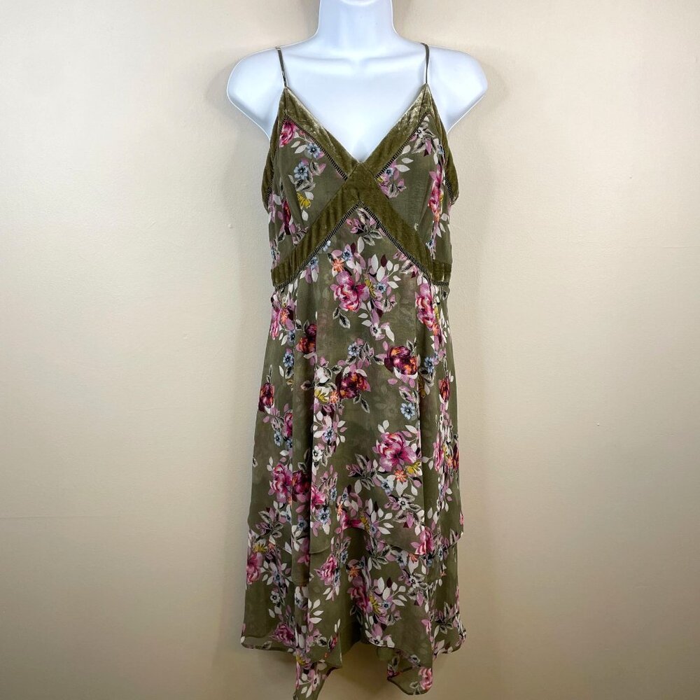 White House Black Market Forest Fairy Babydoll Velvet Trim Dress 10 Floral Midi